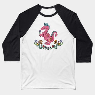 Happy Little Pink Dragon Smelling Flowers Baseball T-Shirt
